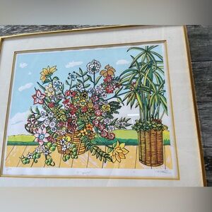 Floral.  silkscreen, signed and dated ,  and Plant Art Print with Gold Frame